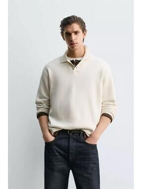 ZARA NWT MENS SOFT KNIT POLO SHIRT IN OYSTER WHITE-SIZE MEDIUM